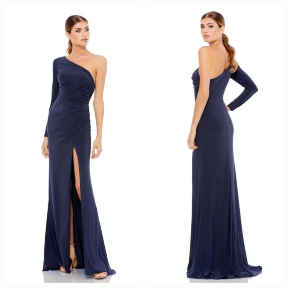 New Mac Duggal 26505i (6) Navy Long Sleeve One Shoulder Ruched Jersey Gown $298 - Picture 1 of 11